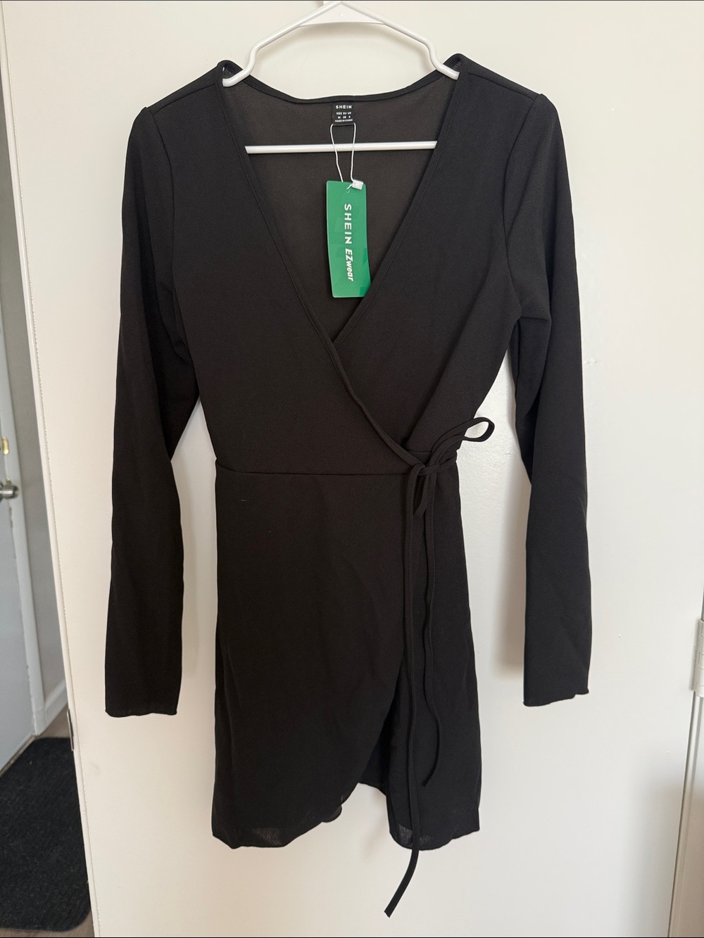 SHEIN Black Long Sleeve Wrap Mini Dress with Waist Tie